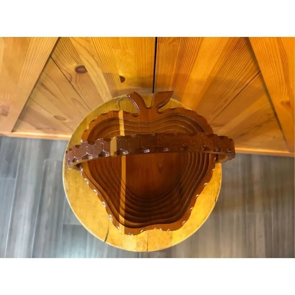 Vintage Hand Carved Wooden Collapsible Apple Basket Bowl Holder (5123)